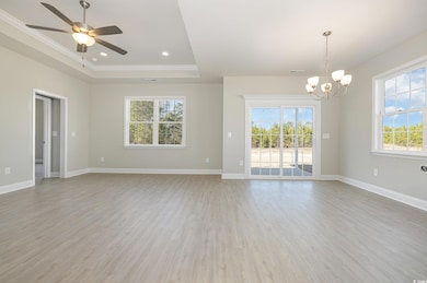 Unfurnished room featuring hardwood / wood-style floors, ceiling fan with notable chandelier, ornamental molding, and a tray ceiling