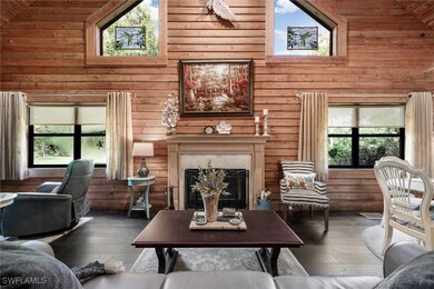 Living room featuring a fireplace, wooden walls, h