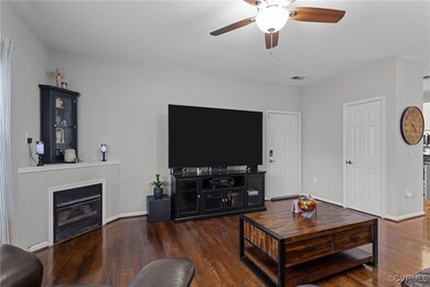 Living room featuring dark wood-type flooring and