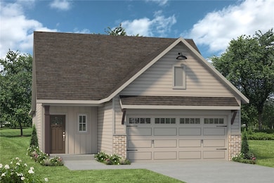 View of front of property with a front yard, stone siding, driveway, and roof with shingles
