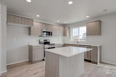 Kitchen featuring stainless steel appliances, light brown cabinets, light wood-style floors, light countertops, and recessed lighting