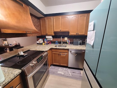Kitchen featuring appliances with stainless steel finishes, premium range hood, backsplash, and light stone countertops