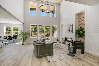 Living area featuring wood walls, light wood finished floors, a high ceiling, a large fireplace, and a chandelier