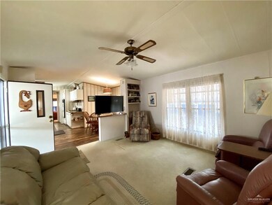 Living room featuring ceiling fan and carpet
