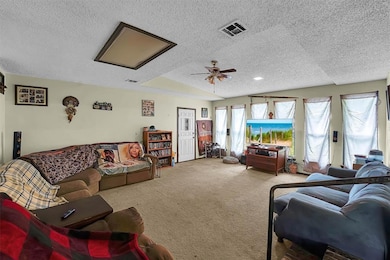 Carpeted living area featuring a ceiling fan, a te