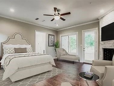 Large primary suite with fireplace and private bat