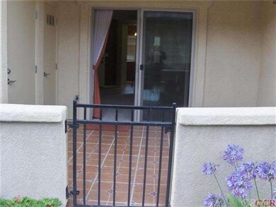 Wrought iron gate to custom tiled patio.