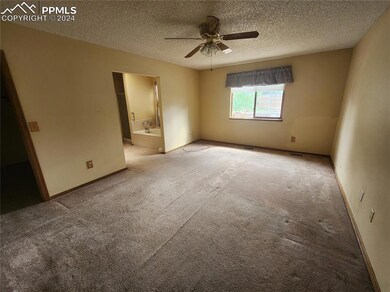 Carpeted primary room featuring ceiling fan and a 