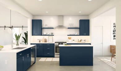 Kitchen with dual islands, pendant lighting and open shelving