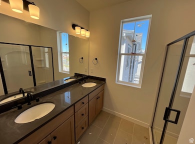Full bathroom with a shower stall, healthy amount of natural light, and double vanity