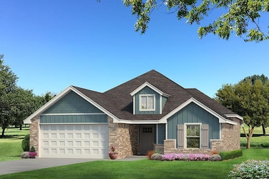 View of front of property featuring board and batten siding, brick siding, an attached garage, and a front yard