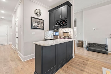 Bar area featuring ornamental molding, decorative backsplash, dark cabinets, light stone countertops, and light wood-type flooring