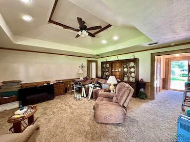 Living room with light colored carpet, a ceiling fan, wainscoting, recessed lighting, and a raised ceiling