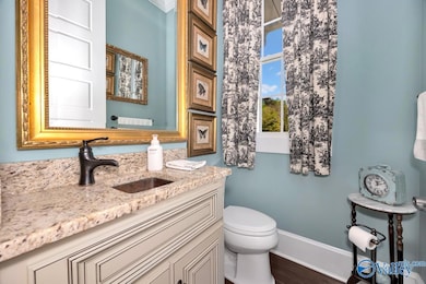 Wood flooring, granite vanity, crown molding