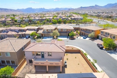 Aerial perspective of suburban area with a mountai