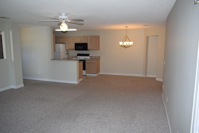 Interior space with light colored carpet, baseboar