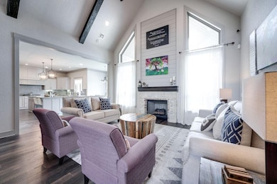 Gorgeous living room with vaulted ceiling, custom