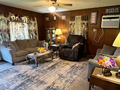 Carpeted living room featuring an AC wall unit, a textured ceiling, ceiling fan, and wooden walls