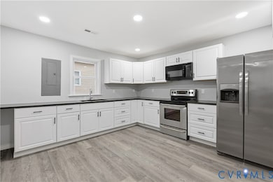 Kitchen with stainless steel appliances, white cabinetry, electric panel, light wood-type flooring, and dark countertops