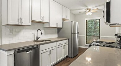 Kitchen with ceiling fan, stainless steel appliances, decorative backsplash, sink, and dark hardwood / wood-style floors