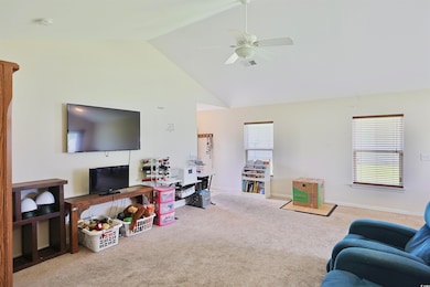 Living area featuring carpet, a ceiling fan, and high vaulted ceiling