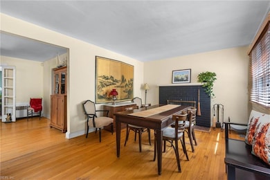 Dining room with wood burning fireplace