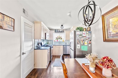 Kitchen featuring stainless steel appliances, dark wood-style flooring, tasteful backsplash, dark countertops, and a chandelier