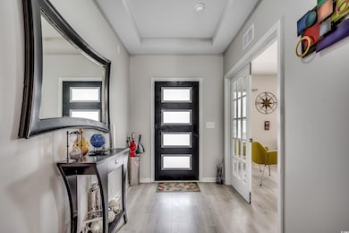 Foyer entrance with plenty of natural light, wood finished floors, and a raised ceiling