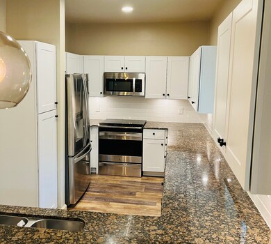 Kitchen with new cabinetry, stainless steel appliances, and dark stone counters