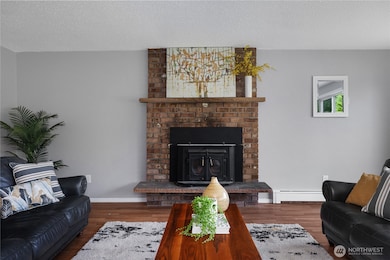 Living room with wood stove insert and views of the backyard & pastures