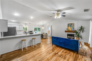 Living room featuring ceiling fan, light wood-styl