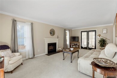 Carpeted living room featuring a wood-burning fire