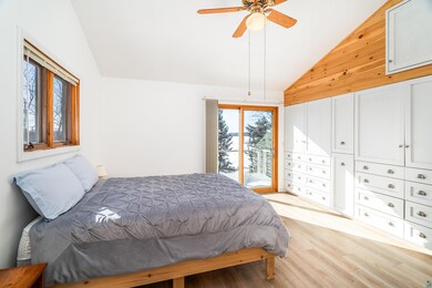 Bedroom with light hardwood / wood-style flooring, access to exterior, vaulted ceiling, and ceiling fan