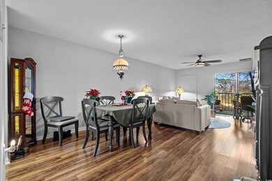 Dining room with a textured ceiling, dark hardwood