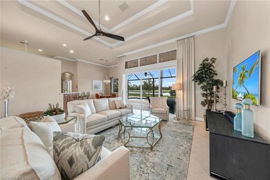 Living room featuring a tray ceiling, ceiling fan,