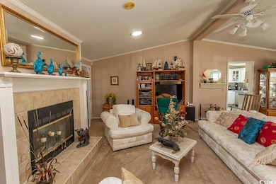 Living area featuring ornamental molding, a fireplace, a ceiling fan, and carpet
