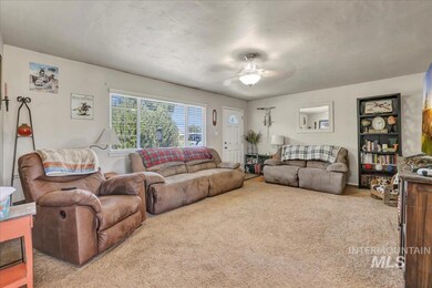Carpeted living area with a ceiling fan