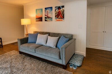 Living area featuring dark wood finished floors and ornamental molding