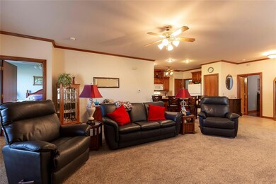 Living area with ornamental molding, carpet floors, and ceiling fan