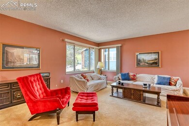 Living area featuring carpet floors and a textured ceiling