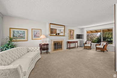 Living area featuring new carpet and fireplace