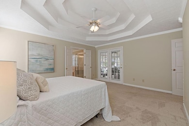 Bedroom with a raised ceiling, light carpet, a ceiling fan, and ornamental molding