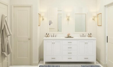 Primary bath with freestanding vanity