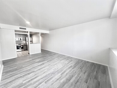 Living area view toward entry and kitchen