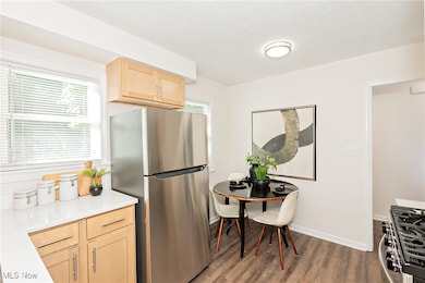 Kitchen featuring light brown cabinetry, freestanding refrigerator, range with gas stovetop, and healthy amount of natural light