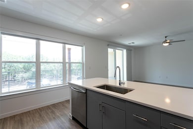 Kitchen featuring stainless steel dishwasher, lig