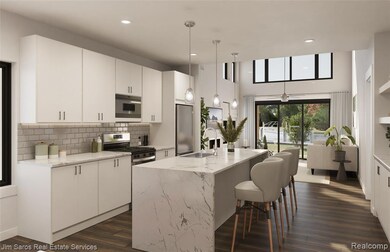 Kitchen with a breakfast bar, light stone counters, pendant lighting, white cabinets, and recessed lighting