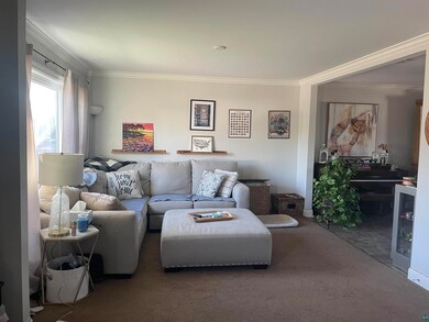 Living room with carpet and ornamental molding