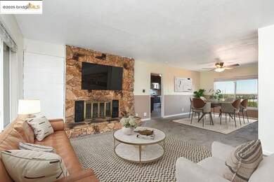 Living room with a ceiling fan, a stone fireplace, and carpet