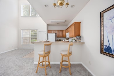 Kitchen featuring white appliances, light carpet, a peninsula, light countertops, and plenty of natural light
